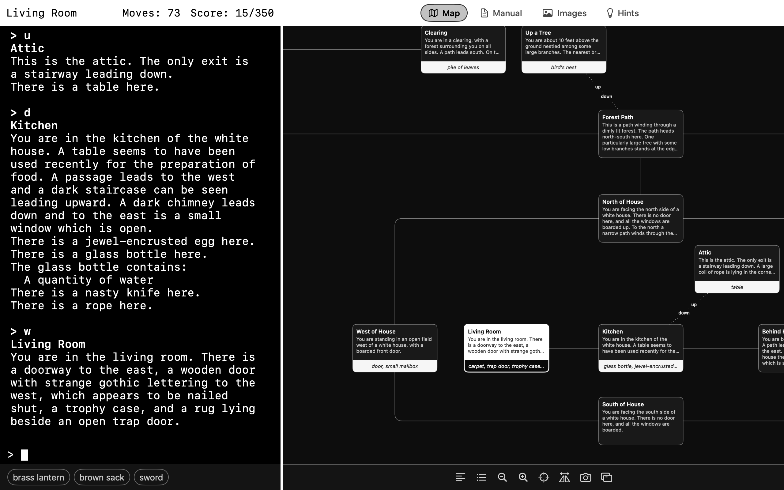 Cairn play window with the automatic map alongside the story transcript.