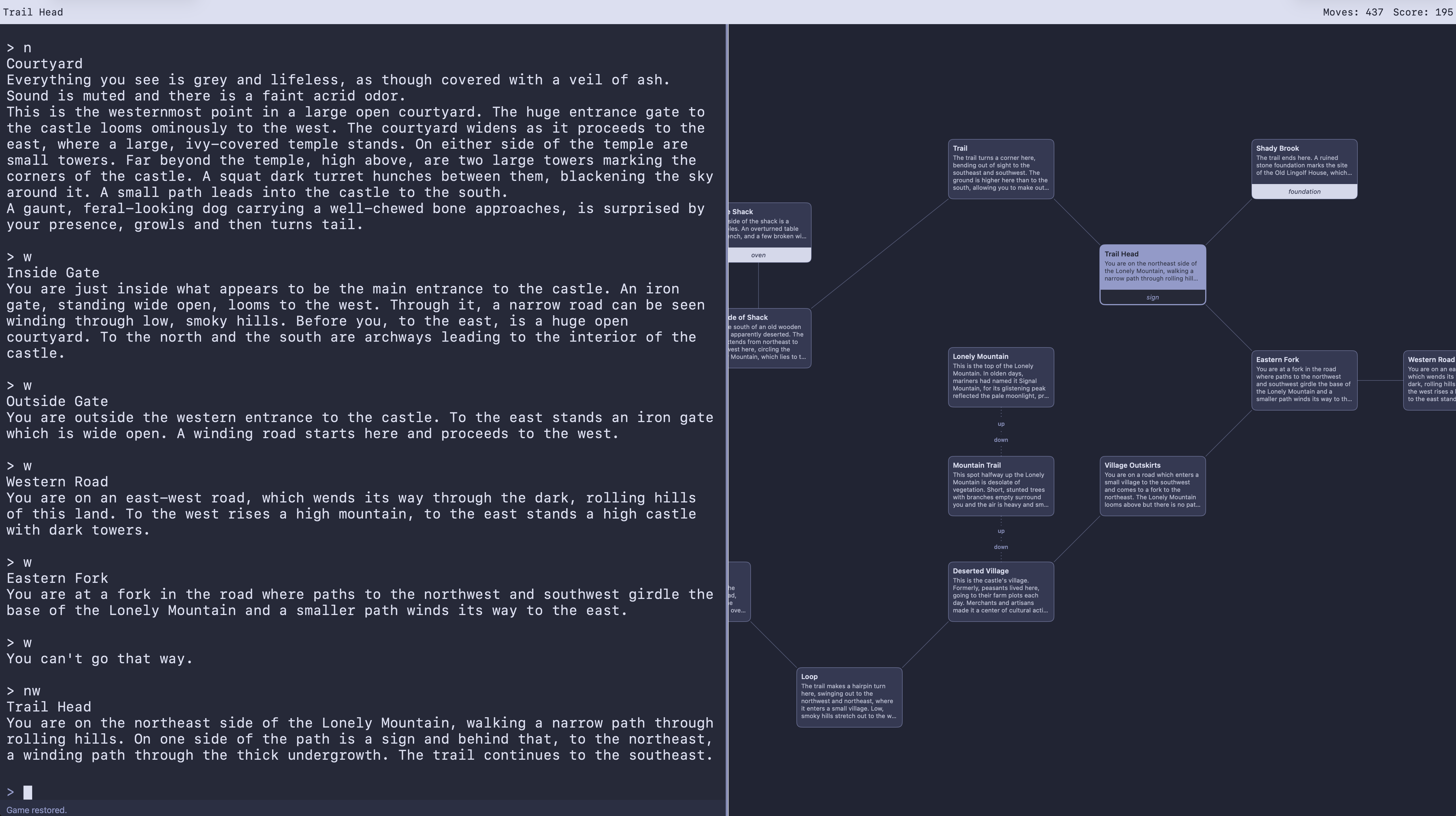 Fweep desktop interface showing an interactive fiction session with navigation and mapping panels.