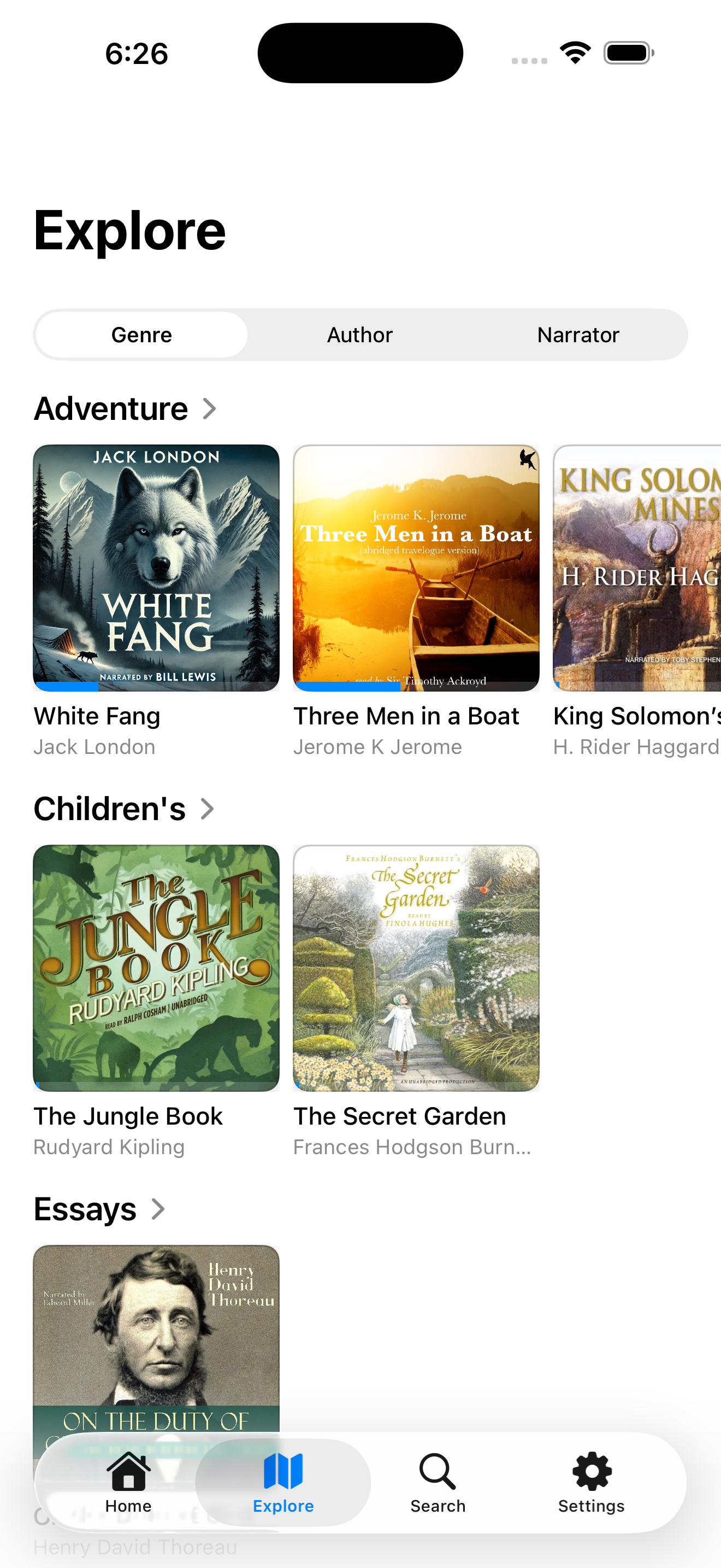 Gnusto iOS explore screen showing audiobook shelves grouped by genre with tabs for genre, author, and narrator.