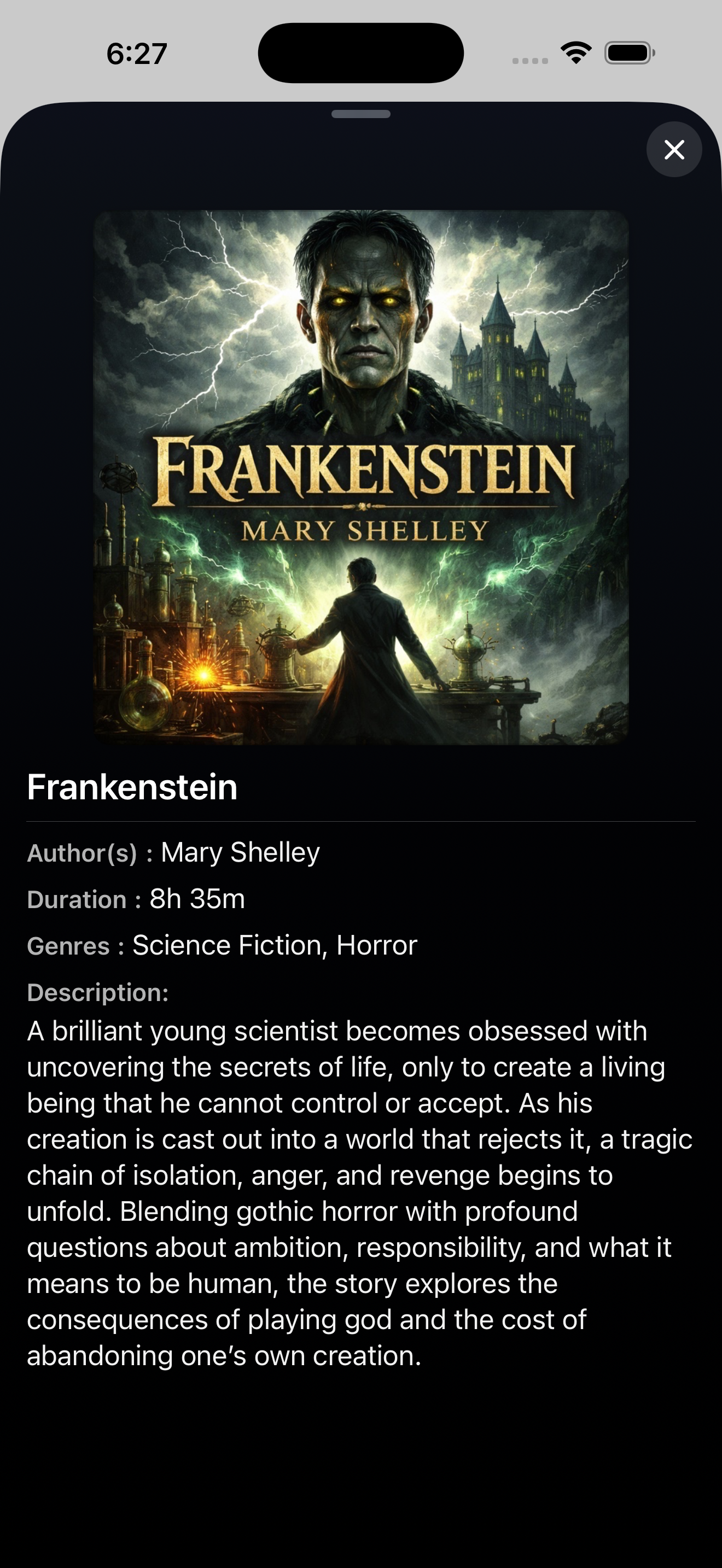 Gnusto iOS book details screen showing cover art, author, duration, genres, and a book description.