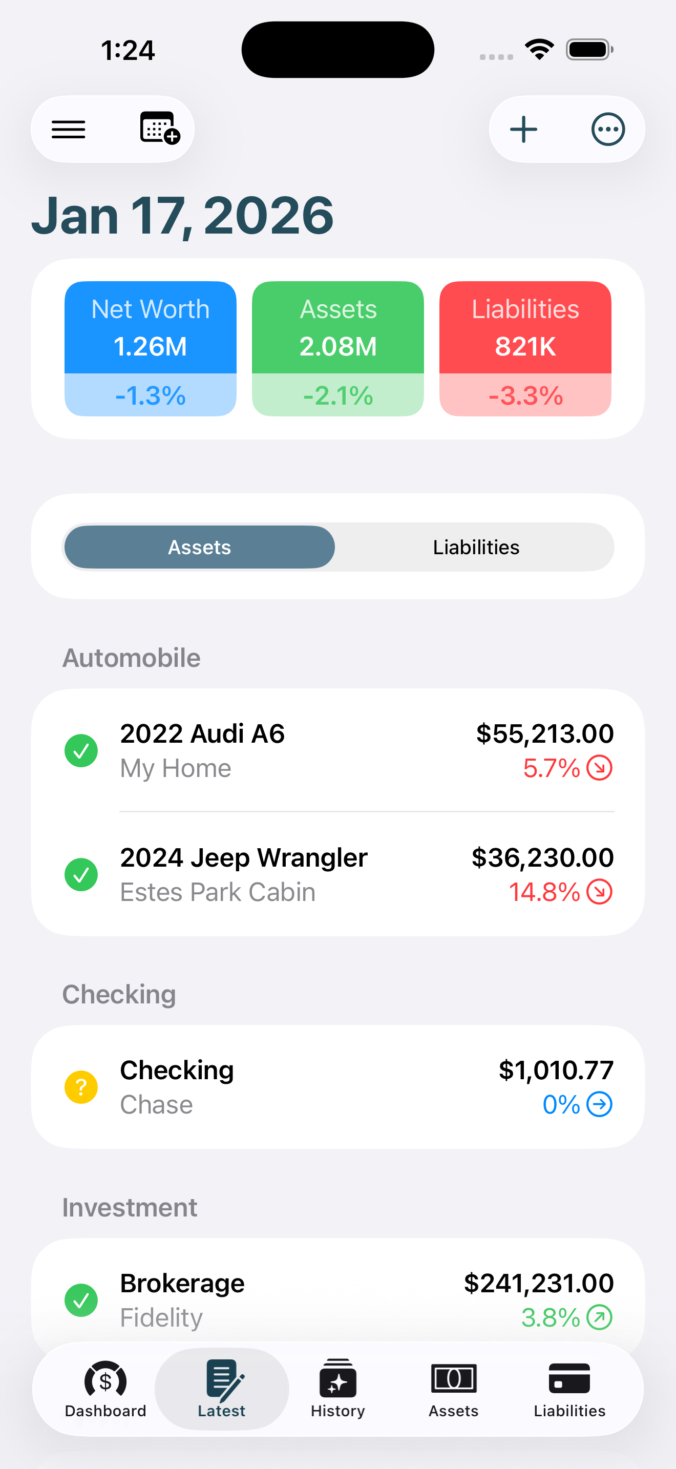 Wyrth iOS latest screen showing net worth, assets, liabilities, and grouped asset entries with value changes.
