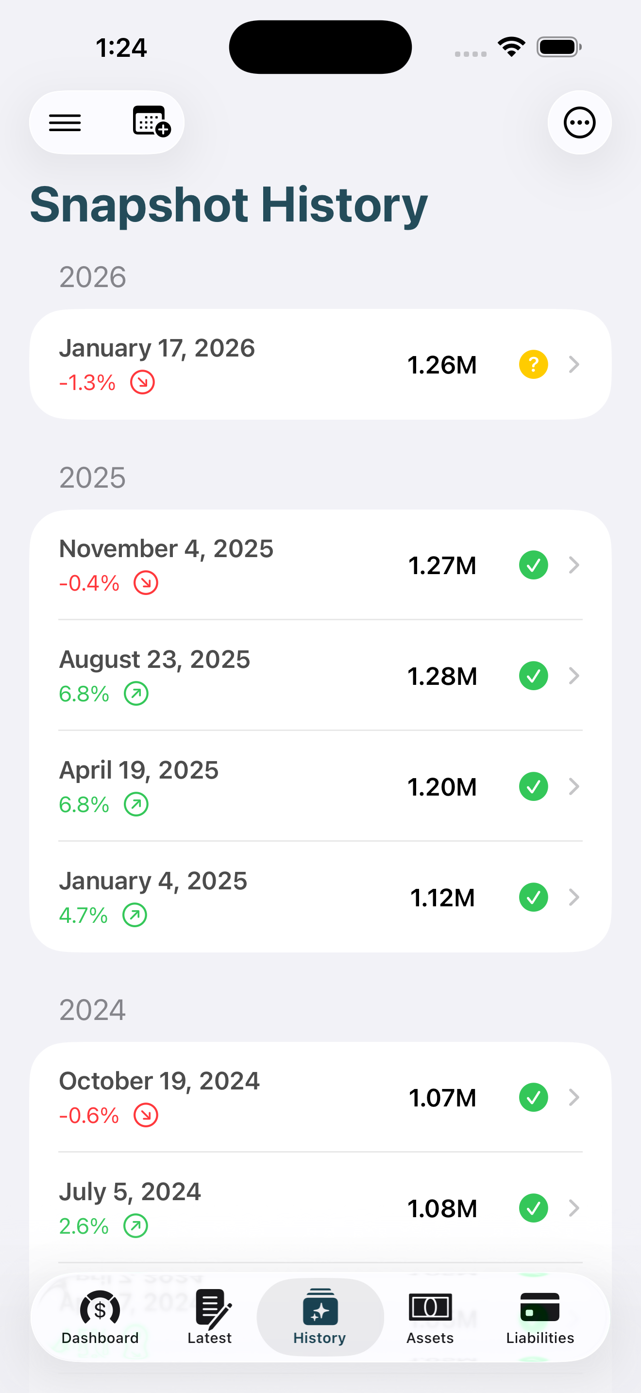 Wyrth iOS snapshot history screen showing dated net worth snapshots and percentage changes over time.